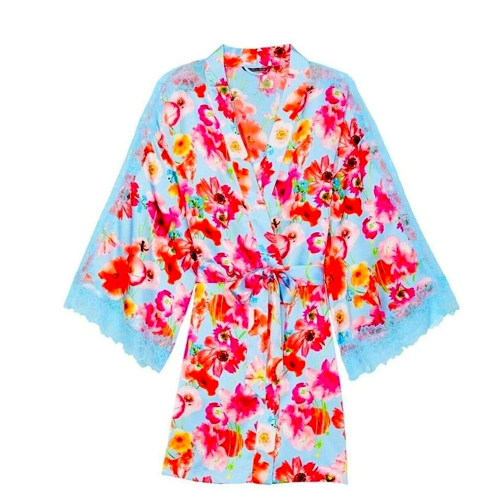 Victoria's Secret Blue Blossom Floral Satin Kimono Lace Inset Robe Lingere XS/S